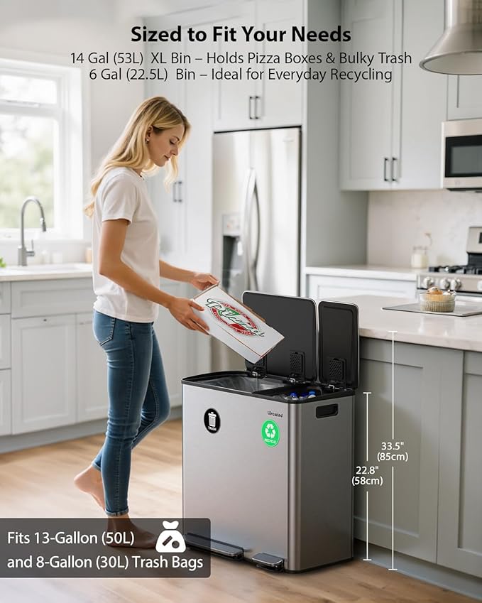 Lovewind Dual Trash Can, 14 + 6 Gallon Garbage Can for Kitchen Dual Compartment Recycling Kitchen Step Trash Bin, Stainless Steel Trash and Recycle Bin Combo with Soft-Close Lid, Silver