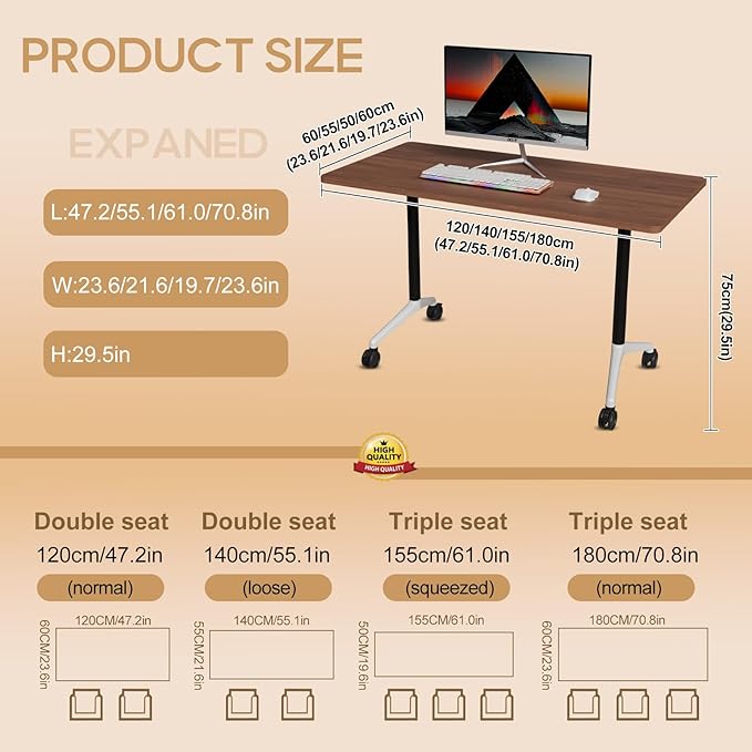 Folding Conference Table 4ft 5ft, Foldable Office Meeting Desk for 6 People, Multiple Sizes Colors Mobile Conference Room Table for Training Room School Business Furniture (2, Walnut, 47in)