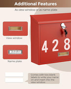LAND·VOI Locking Wall-Mount Mailbox for Outside, with 4 Keys, Galvanized Steel Rustproof Metal Postbox, 4" Dx13.8 Wx11.2 H, Includes 3 Sets of Mailbox Numbers, Nameplate, Red