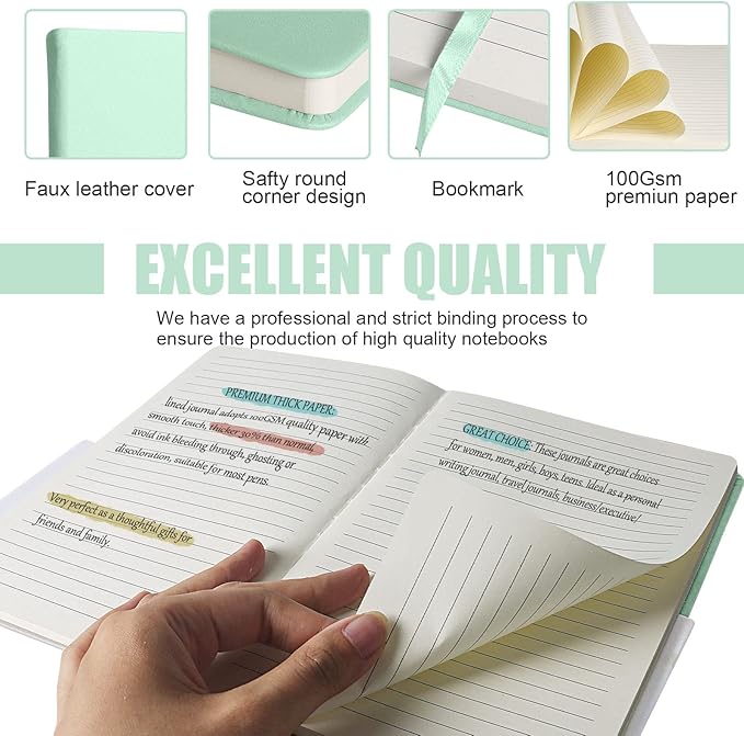 EMOMAS Lined Journal Notebook, 10Pack Hardcover Notebook for Men & Women – Journals for Writing, Work, School, Home & Daily Notes, 160 Pages – Medium A5, 5.7"x8", 100 gsm Thick Paper (Eggshell Green)