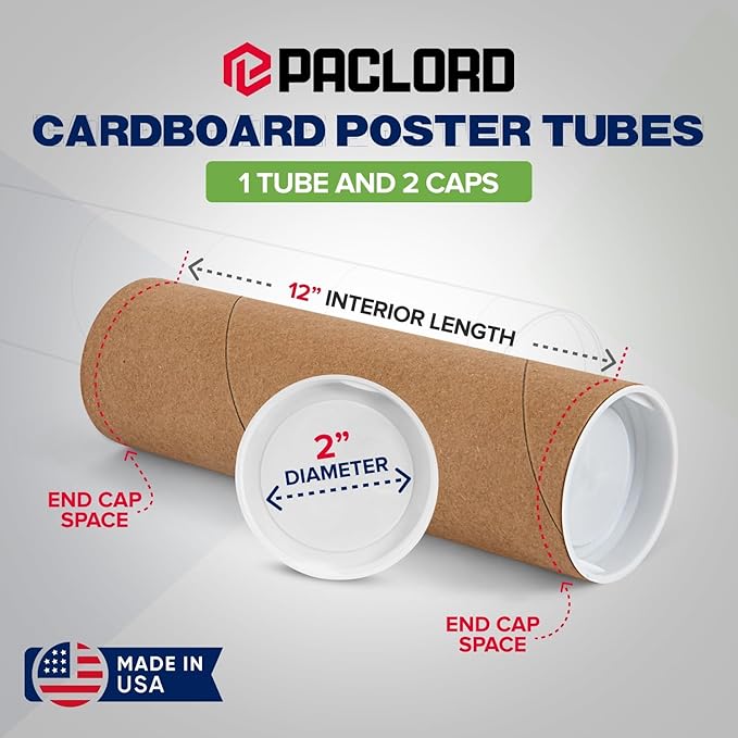 Paclord 2" x 12" Reinforced Kraft Paper Mailing Tube, Pack of 1 Tube with 2 Caps – Secure USPS Approved Poster Tube – Cardboard Tube for Shipping and Storing Posters, Prints, Artwork, or Documents
