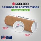 Paclord 2" x 12" Reinforced Kraft Paper Mailing Tube, Pack of 1 Tube with 2 Caps – Secure USPS Approved Poster Tube – Cardboard Tube for Shipping and Storing Posters, Prints, Artwork, or Documents
