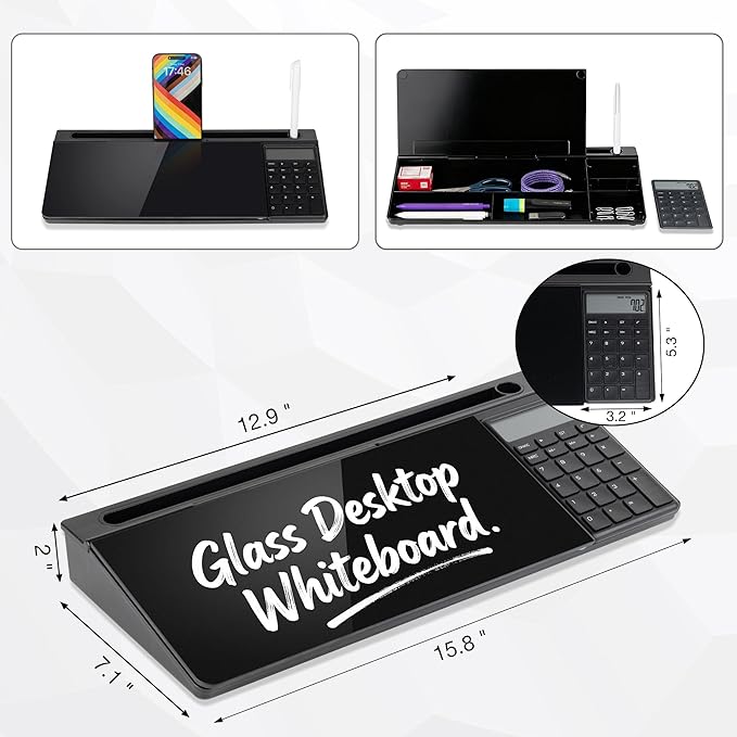 Glass Desktop Whiteboard with Calculator & Storage, Desk Dry Erase Note Memo Board, Compact Desk Organizer for Desk, Office, School Supplies, Black, 2026