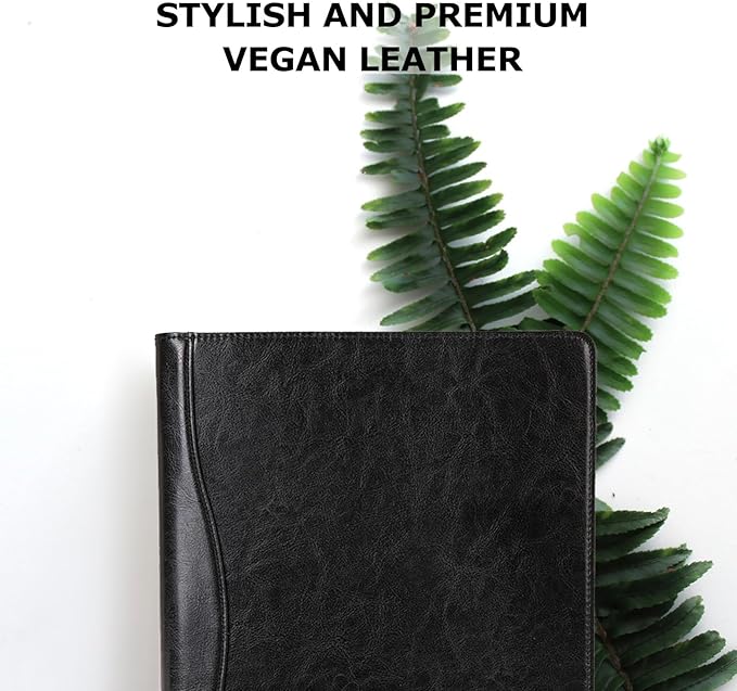 Geslun Vegan Leather 3 Ring Binder, 8.5 x 11 Letter Size Folio with Pen Holder, Soft Notebook Portfolio Cover, Slim Notepad Padfolio Thin File Organizer for Work Executive Meeting, Black