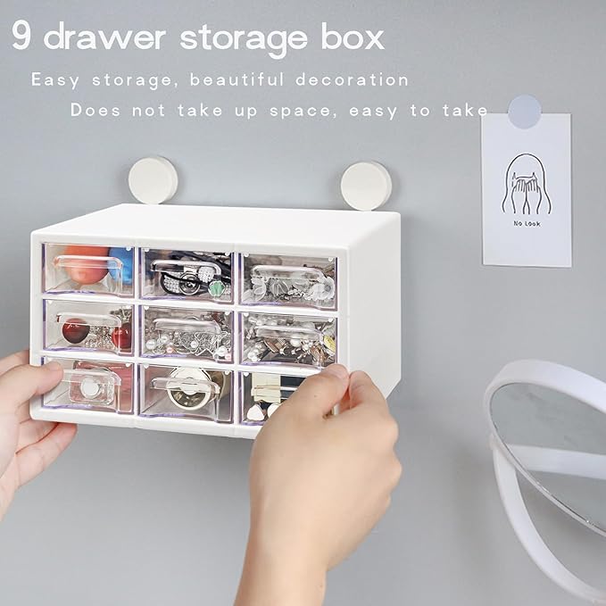 Desk Storage Organizer with 9 Drawers, FODIENS Stackable Desktop Craft Drawer Cabinet, Clear Storage Box Caddy for Makeup Jewelry Office Craft Supplies (9.84×6.3×5.9in) (White)