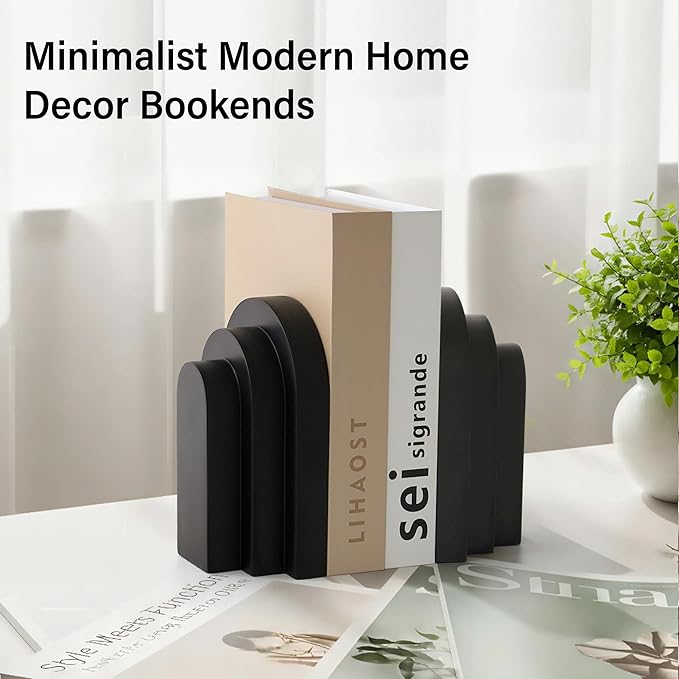 LIN CHUAN Heavy Duty Book Ends for Shelves, Decorative Bookends for Heavy Books Set of 2, 6.6 LBS Modern Book Stopper for Home Decor, Bookshelf, Aesthetic Bookend with Layered Arch Design, Black