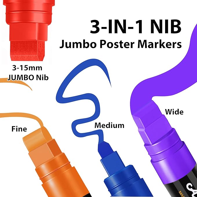 MEHVOR Acrylic Paint Markers, 5 Vibrant Colors Poster Markers Jumbo 15mm Wide Tip Permanent Ink 36g, Thick Acrylic paint pens for Poster, Glass, Rock Painting, Stone, Wood, Car, Ceramic, Fabric