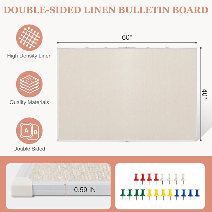 AMUSIGHT Double-Sided Large Cork Board with Linen, 60" x 40" Foldable Hanging Aluminum Framed Bulletin Board, Vision Board Pin Board Corkboards for Walls, Office, School Decor, 20 Pushpins