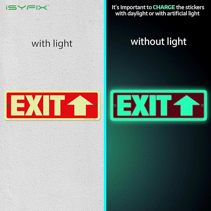 iSYFIX Exit Signs with Directional Up Arrow, Glow in the Dark, Photoluminescent Aluminum 12x4 Inch - 6 Pack, Laminated for UV & Weather Resistance, Ideal for Offices, Schools, Theaters & More