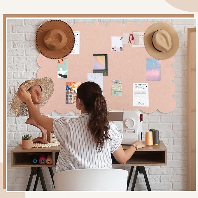 Mooliwe Scalloped Felt Bulletin Board 36 x 24 Inches Foldable Flesh Pink Pin Cork Board Alternative for Wall, 3' x 2' Trifold Picture Vision Self Adhesive Bulletin Decorative