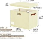 Roobyl 17" Large Collapsible Storage Bins with Lids, Stackable Closet Organizers with PU Handle and Labels, 3-Pack Decorative Fabric Storage Boxes for Home, Bedroom, Closet, Office, Nursery(Beige)