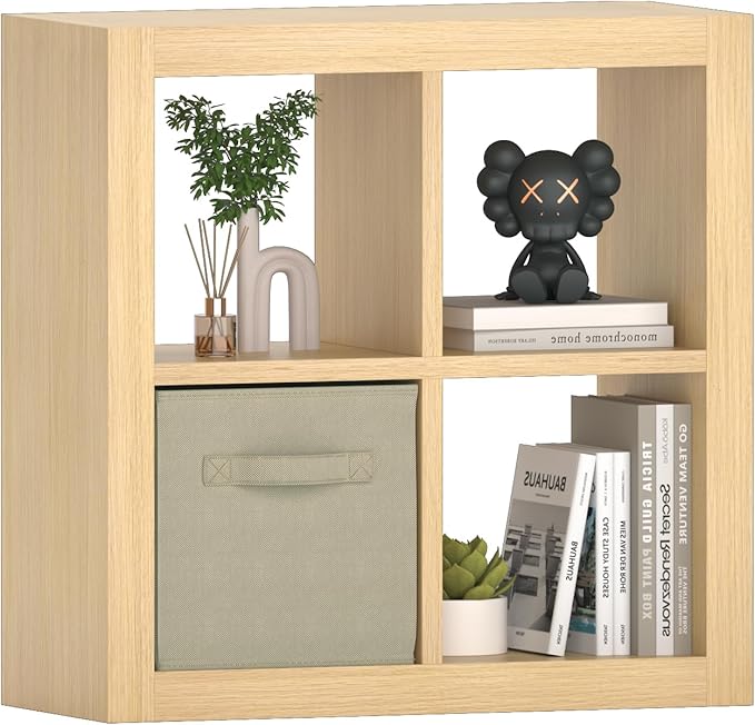 furtble Bookshelf with Storage Bin, 4-Cube Storage Organizer, Modern Wood Open Bookcase, Multifunctional Display Shelf for Living Room, Bedroom, Home Office, Oak