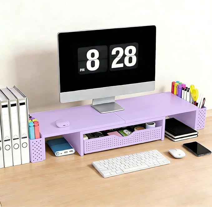 Spacrea Metal Desk Organizers and Accessories, Dual Monitor Stand Riser with Drawer and 2 Pen Holders, Desk Accessories & Workspace Desktop Organizers for Office Supplies (Purple)