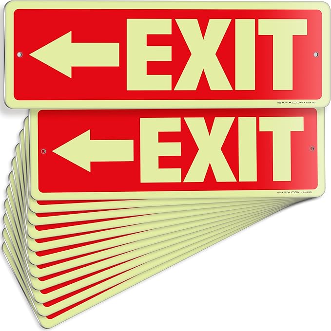iSYFIX Exit Signs with Directional Left Arrow, Glow in the Dark, Photoluminescent Aluminum 12x4 Inch - 12 Pack, Laminated for UV & Weather Resistance, Ideal for Offices, Schools, Theaters & More
