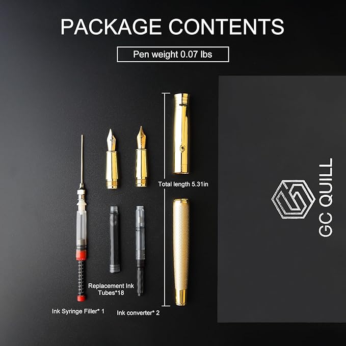 GC QUILL Fancy Fountain Pen Set – Fine and Medium Nibs, 18 Ink Cartridges, Ink Converter, Syringe Filler, Luxury Pen Gift for Men Women, Nice Pen for Writing Journaling (Gold)