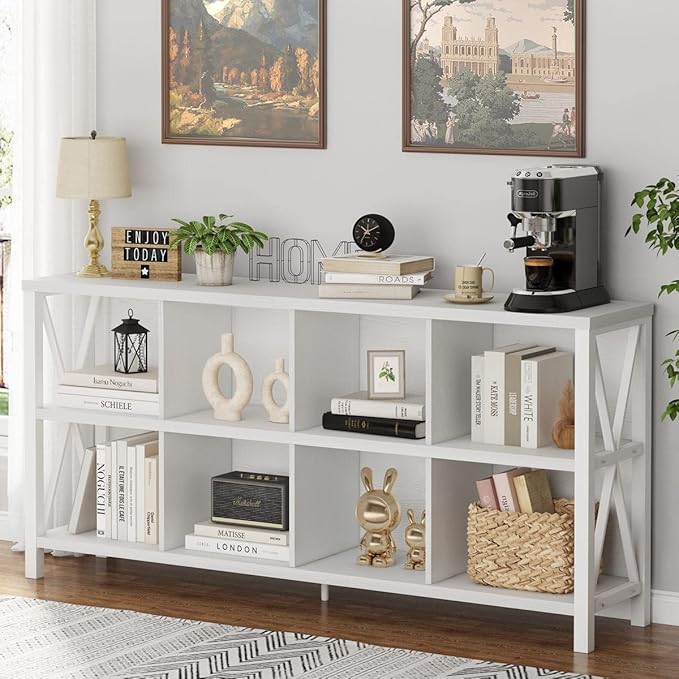 FATORRI 8 Cube Storage Organizer Bookshelf, 62 Inch Rustic Wood Horizontal Bookcase, Industrial Cube Long Book Shelf for Living Room (White Oak)