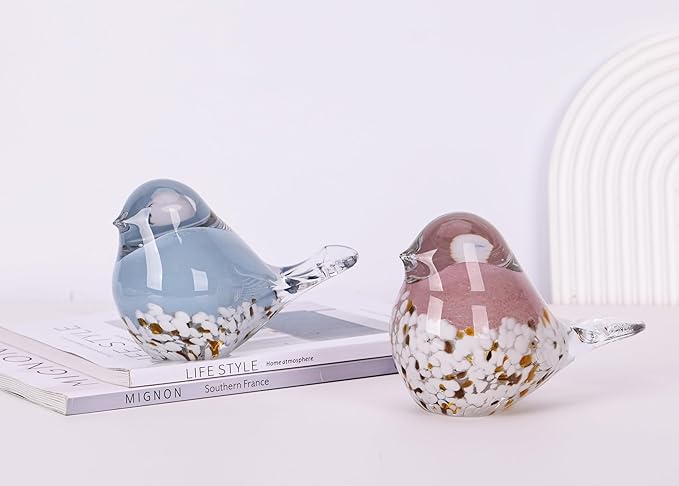 WUBIANJIE Hand Blown Glass Bird Statue Collectible Animal Art Paperweight, Living Room Bedroom Bookshelf Coffee Table Small Ornaments Shelf Home Decoration (Pink)