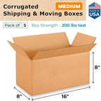Medium Moving & Shipping Boxes 16 x 8 x 8 inches (5-Pack) - Extra Strength 200 lb vs Regular - Corrugated Strong Cardboard Boxes Moving and Delivering - Square Box - Cartons Box by IDL Packaging