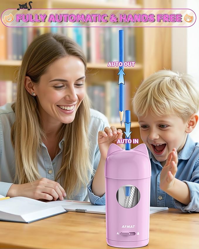 AFMAT Electric Pencil Sharpener, Automatic Pencil Sharpener, Auto in & Out, Colored Pencil Sharpeners for φ7-8mm Pencils, Rechargeable & Cordless, Battery Powered for Classroom Home School PSX9