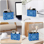 Famame Blue White Abstract Design Pencil Holder for Desk, Leather Desktop Container Pen Cup Storage Study Table Pen Organizer Makeup Brush Holder for Classroom Office Home