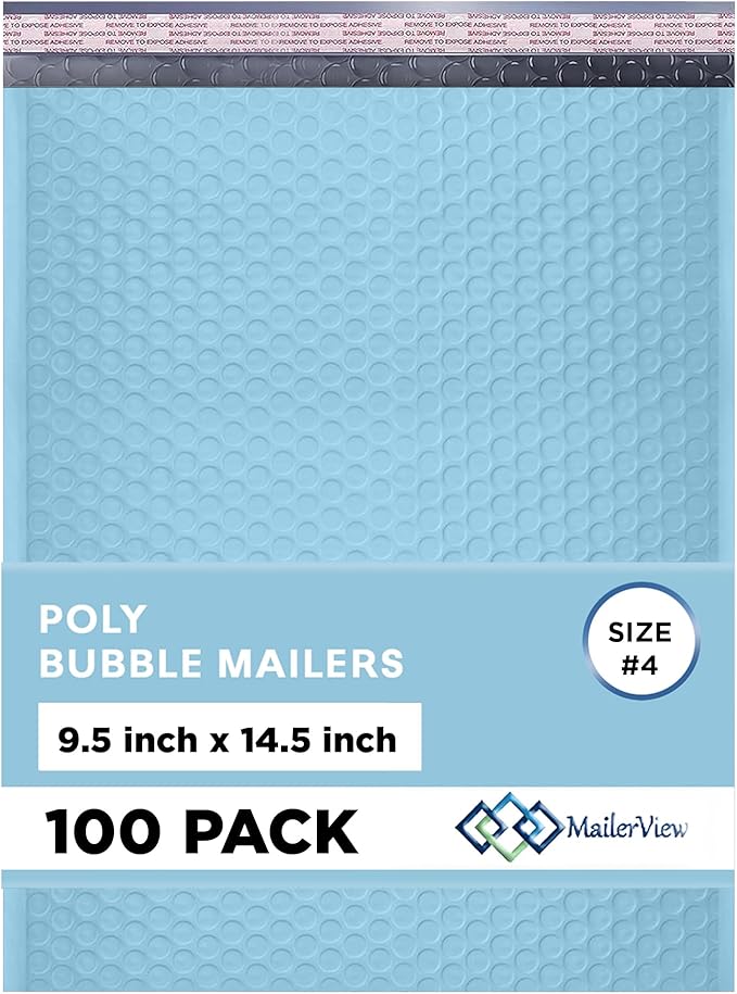 Light Blue Large Poly Bubble Mailers 9.5x14.5 inch #4 | Self Seal Padded Envelopes Cushioned Bubble Mailer | Usable Size 9.5x13.5 | WaterProof | Lightweight mailing Shipping Bags | 100 Pack Bulk