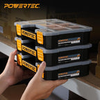 POWERTEC Small Parts Organizer & Tool Box – 10 Compartments, Stackable Storage with Removable Dividers, Clear Lid, Portable Design, 3-Pack (72117-P3)