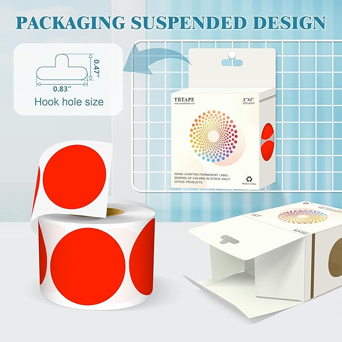 2 Inch Round Color Coding Labels (500 Count) - Fluorescent Red Dot Stickers Circle Labels with Dispenser Box for Warehouse, Filing, Industrial, Office Organization