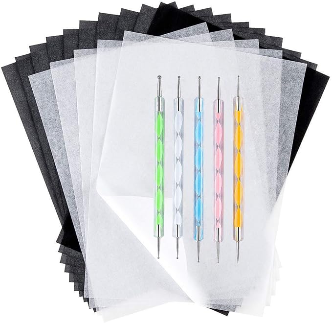 100 Sheets White Tracing Paper 100 Sheets Carbon Transfer Paper and 5 Pieces Ball Embossing Styluses for Wood Burning Craft, Paper, Canvas and Other Art Craft Surfaces
