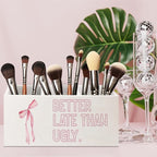 URLLUAE Better Late Than Ugly Funny Pink Makeup Brush Toothbrush Holder Organizer for Bathroom Vanity, Coquette Pink Bow Preppy Wooden Pen Pencil Holder for Desk Accessories