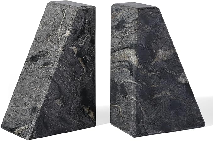 Karibiber Marble Bookends for Heavy Books, Decorative Book Ends for Shelves, Titanium Black Stone Durable and Heavy-Duty Book Ends for Hardback Books & CDS, Unique Book Stopper & Holder, Set of 2