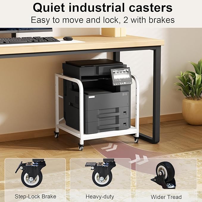 Vokumba 20 Inches Large White Printer Stand, 2-Tier Under Desk Printer Table with Height Adjustable Shelf, Rolling Printer Cart with Industrial Wheels for Home Office (White)