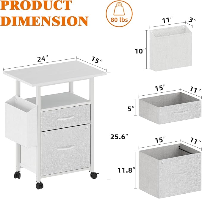 GYIIYUO 2 Drawer File Cabinet with 24'' Extended Desktop, Mobile Filing Cabinet, Rolling File Cabinet with Side Bag, Fabric Drawer, Fits A4/Letter Size, Printer Stand Home Office, White