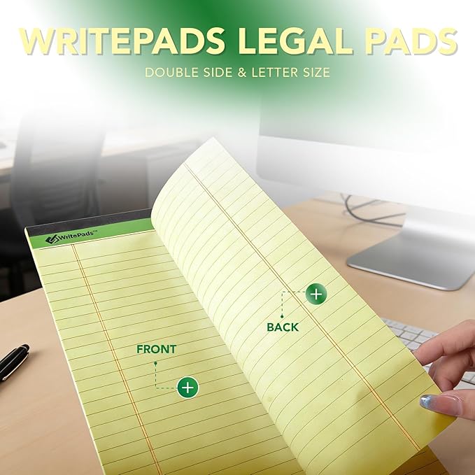 KAISA Yellow Legal Pads Writing Pads Recycled Paper 8.5"x14" Wide Ruled Lined Paper Perforated 50 sheets Hard Back Notepads Large Legal Pad Writing Tablet Canary For Office Supplies (Canary 12pads)