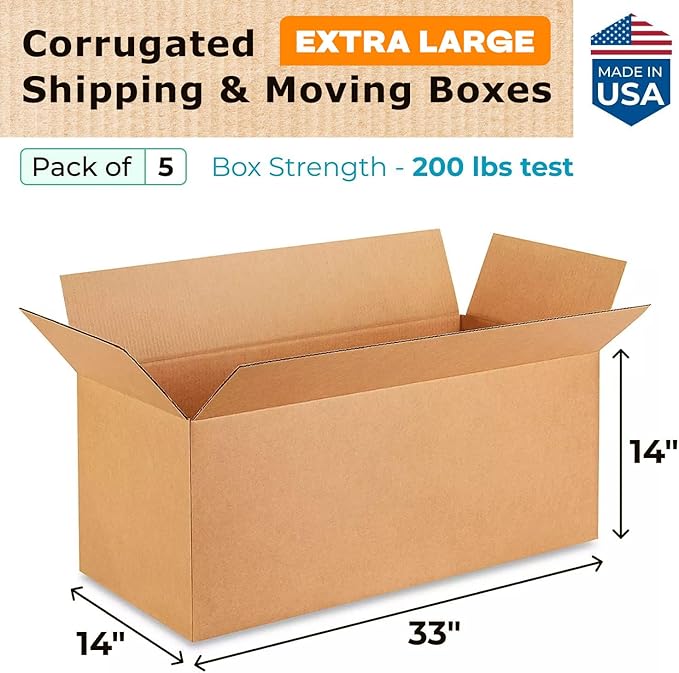 IDL Packaging - B-331414-5 Large Corrugated Moving Boxes 33"L x 14”W x 14"H (Pack of 5) - Excellent Choice of Strong Packing Boxes for Moving or Relocating