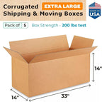 IDL Packaging - B-331414-5 Large Corrugated Moving Boxes 33"L x 14”W x 14"H (Pack of 5) - Excellent Choice of Strong Packing Boxes for Moving or Relocating