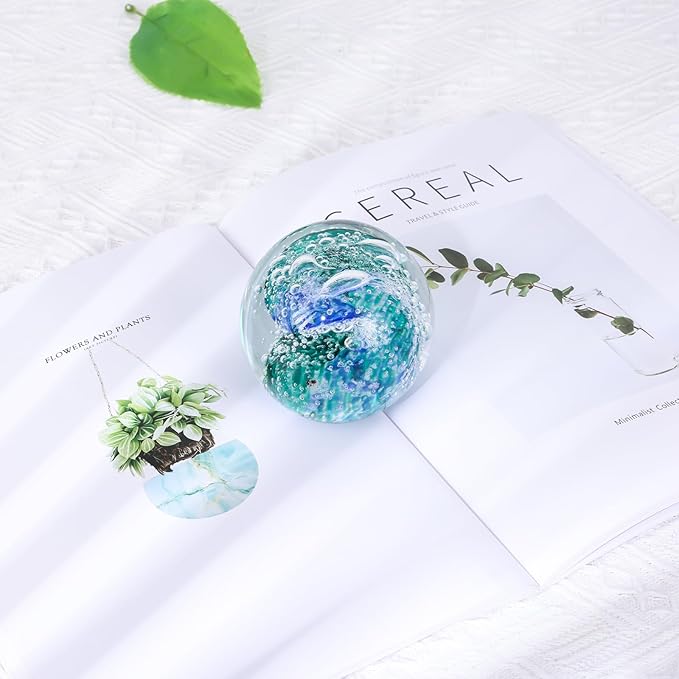 LCCCK Hand Blown Glass Ocean Waves Glass Ball Beach Office Decor, Blue Glass Paperweight Ideal Beach Decorations for Home, Suitability Seaside Villa Aquarium Ocean Lover's Gift