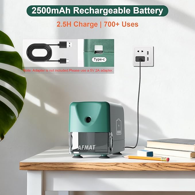 AFMAT Electric Pencil Sharpener, Cordless & Rechargeable, Heavy Duty Classroom Pencil Sharpeners for 6-11mm Pencils, Auto Stop, 2s Fast Sharpening, Battery Powered, 10,000 Sharpenings, Green, PSD3