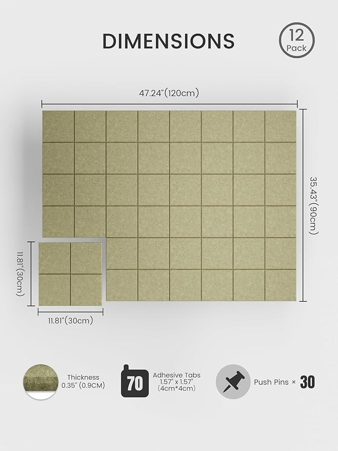 Bumusty Large Felt Bulletin Board 48" x 36" Cork Board Alternative-12 Pack with 70 Safe Removable Adhesive Tabs, Cork Boards for Walls Cork Board for Home Office Classroom Pin Board (Olive Green)