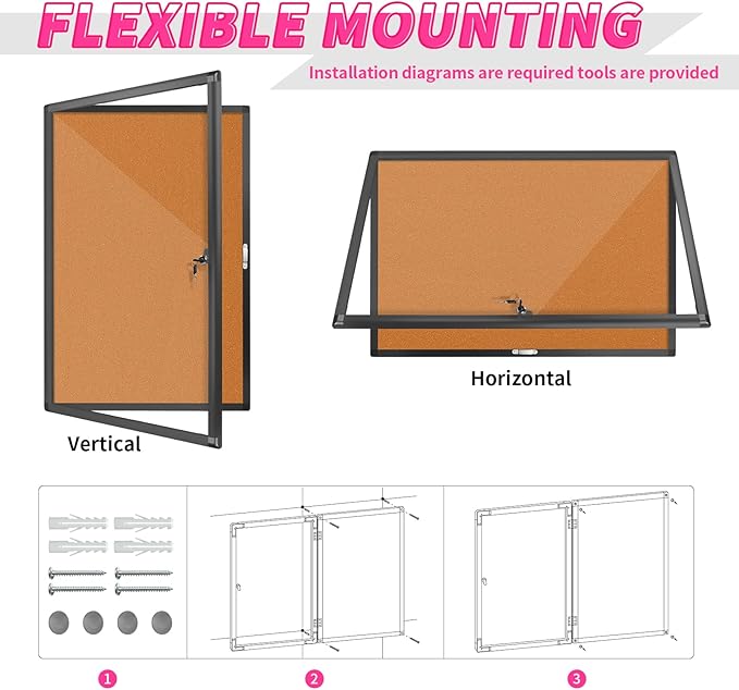 Enclosed Bulletin Board, Cork Noticeboard Board with Clear Acrylic Locking Door, Wall-Mounted Display Case for Indoor, Message Board 36x24in (5xA4)