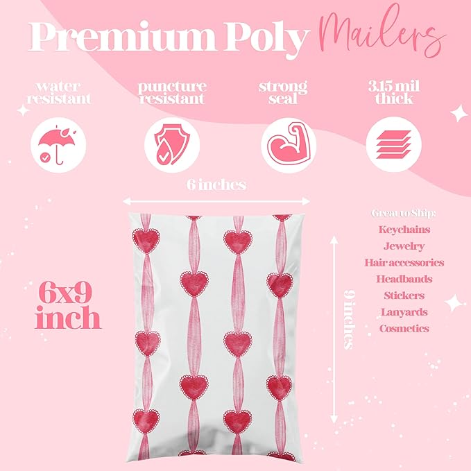 Pretty Package Store 6x9 Designer Poly Mailer 100 Pack Heavy Duty Waterproof Self Seal Shipping Bags for Small Business Large Mailing Envelopes Bulk Tear Resistant Packaging Red Valentine Heart