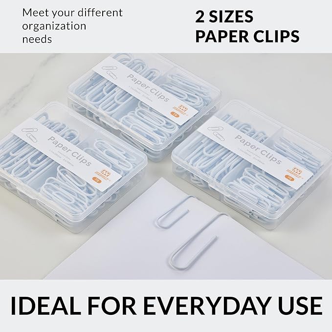 NEEWAY Colorful Paper Clips Assorted Sizes, Small and Large Paperclips, 210 Count, 3 Pack of 70 (White)