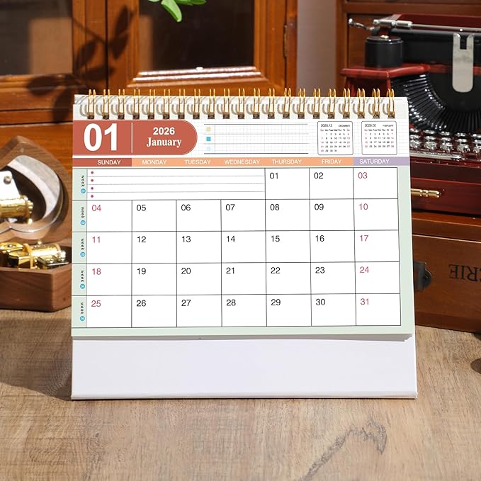 Small Desk Calendar 2026, Desktop Calendar from Now to Dec 2026, Metal Ring Twin-Wire Binding Monthly Desktop Calendar for Home Office School (White)