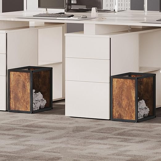 YATINEY Office Trash Can 2 Pack, 4 Gallon Garbage Can, Metal Wastebasket with Wood-Look Panels, Industrial Style Trash Can for Office, Study, Rustic Brown and Black WB03L2BR