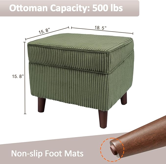 FAGAGA Storage Ottoman with Adjustable Lid, Soft Step Stool, Footrest and Seat, Ottoman Foot Rest for Living Room, Bedroom, Dorm, Green