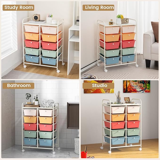 HAPPYGRILL 10-Drawer Rolling Storage Cart, Storage Organizer Cart with Lockable Wheels, Beauty Salon Movable Utility Cart for School, Office, Home, (Macaroon Colorful)