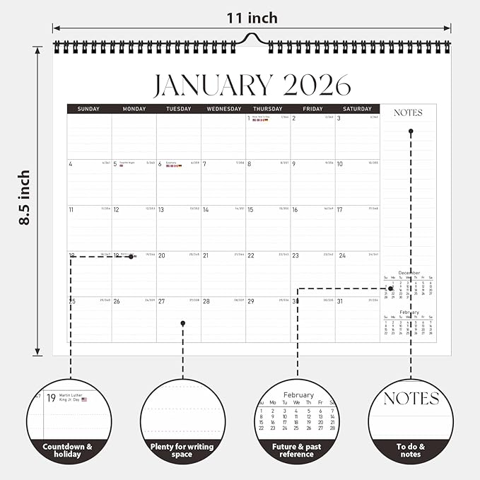 2026 Wall Calendar, Monthly Wall Calendars, Jan 2026 - Jun 2027, Desk Planner (8.5" x 11"), Hanging for Home, School, Office Supplies
