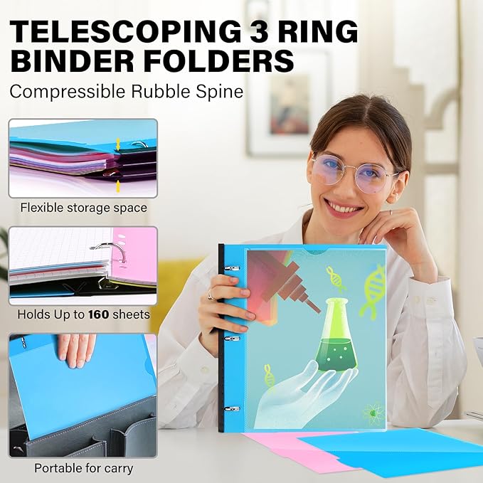 MAKHISTORY Telescoping 3 Ring Binder-12PCS, Flexible Binder with Customized Front Cover+Clear Catalog Pocket+3 Round Rings, Flat Writing Binder, 4 Bright Colors