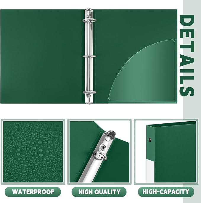 Henoyso 36 Pcs 3 Ring Binder 0.5 Inch Round Fits Letter Size 8.5'' x 11'' Paper Plastic Flexible Binder Bulk Holds 140 Sheets with 1 Pockets Versatile Organizer for Home Office School (Dark Green)