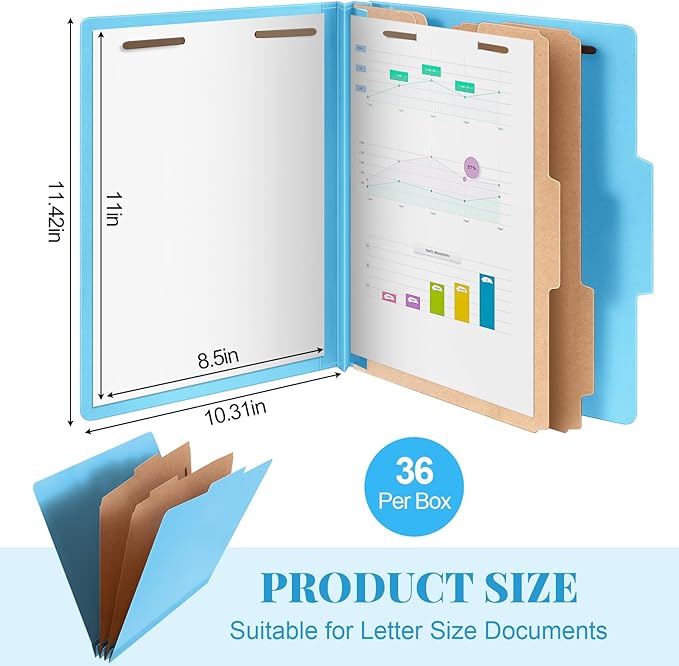 Skyygemm 36 Pcs Classification Folders Letter Size, 2 Divider Pressboard File Folders with 3. 5 Inch Expansion, 2 Prongs Fastener, Heavy Duty Office File Organizers for Teachers, Medical (Blue)