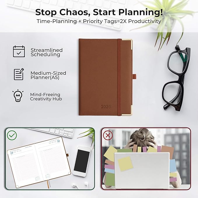 IN-luxpro Daily Planner 2026 with One Page Per Day,(A5-8.5" x 5.9"),12 Months Calendar Hourly Appointment Book Monthly Tabs & Self-adhesive Pen Holder,Inner Pocket, Vegan Leather Hardback,Brown